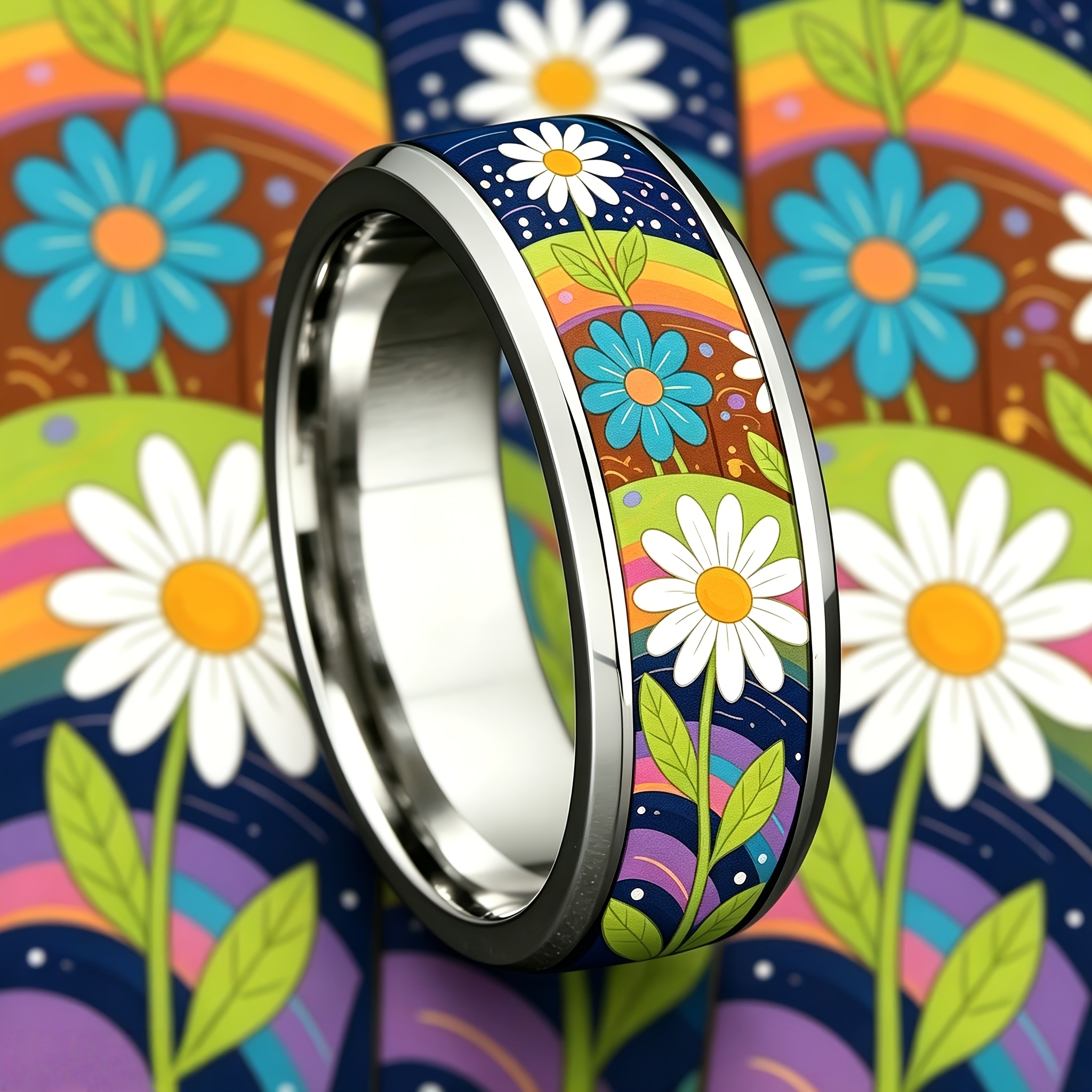 Rainbow Starry Sky Daisy Printed 304L Stainless Steel Ring